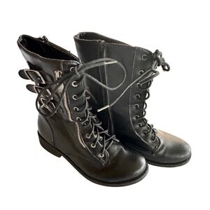 Bamboo Black Goth Combat Boots Buckle‎ Lace Up Mid Calf Side Zip Size 37 US 7